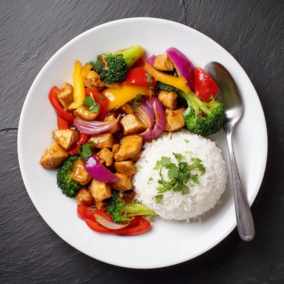 Colorful chicken and vegetable stir fry sizzling in a skillet with glossy sauce