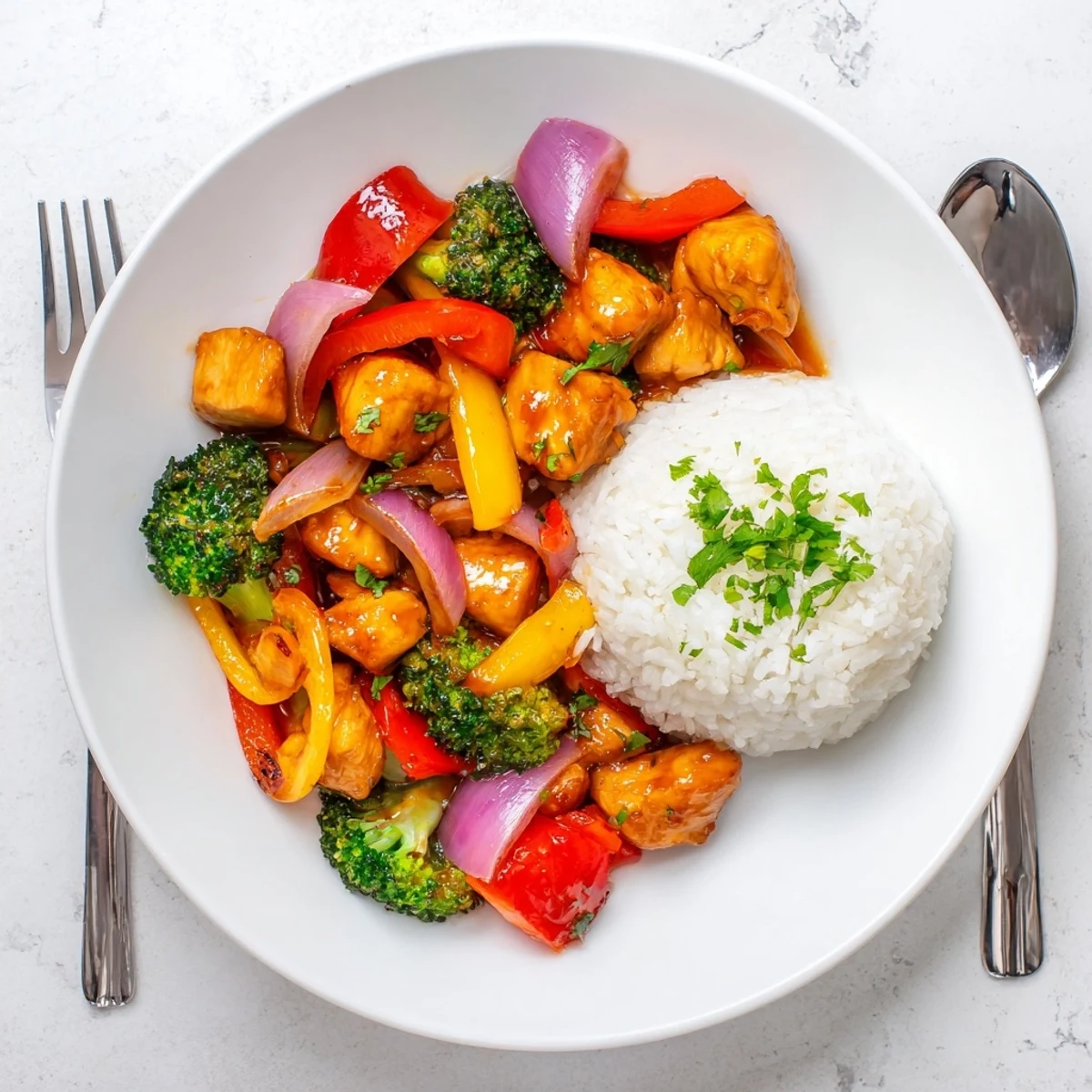 Quick weeknight meal served over fluffy rice with fresh green onion garnish