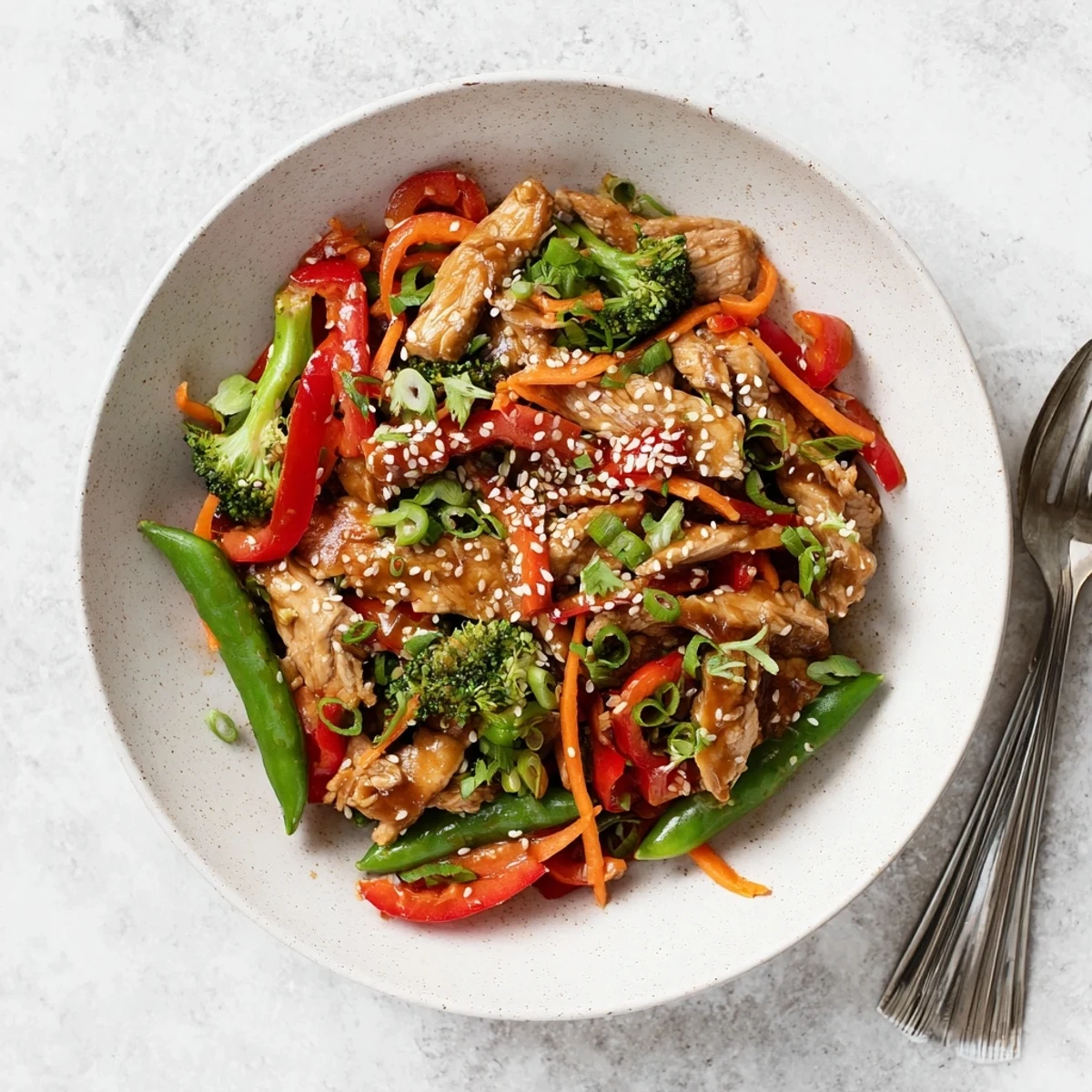Sesame soy chicken stir fry in a wok with colorful crisp vegetables and glossy sauce