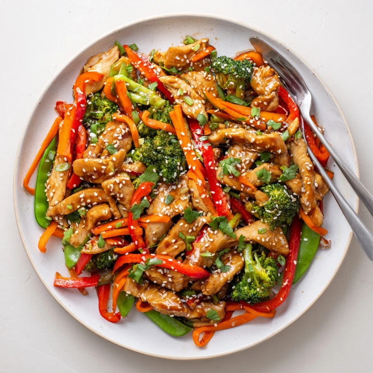 Tender sesame soy chicken stir fry topped with sesame seeds in savory brown glaze