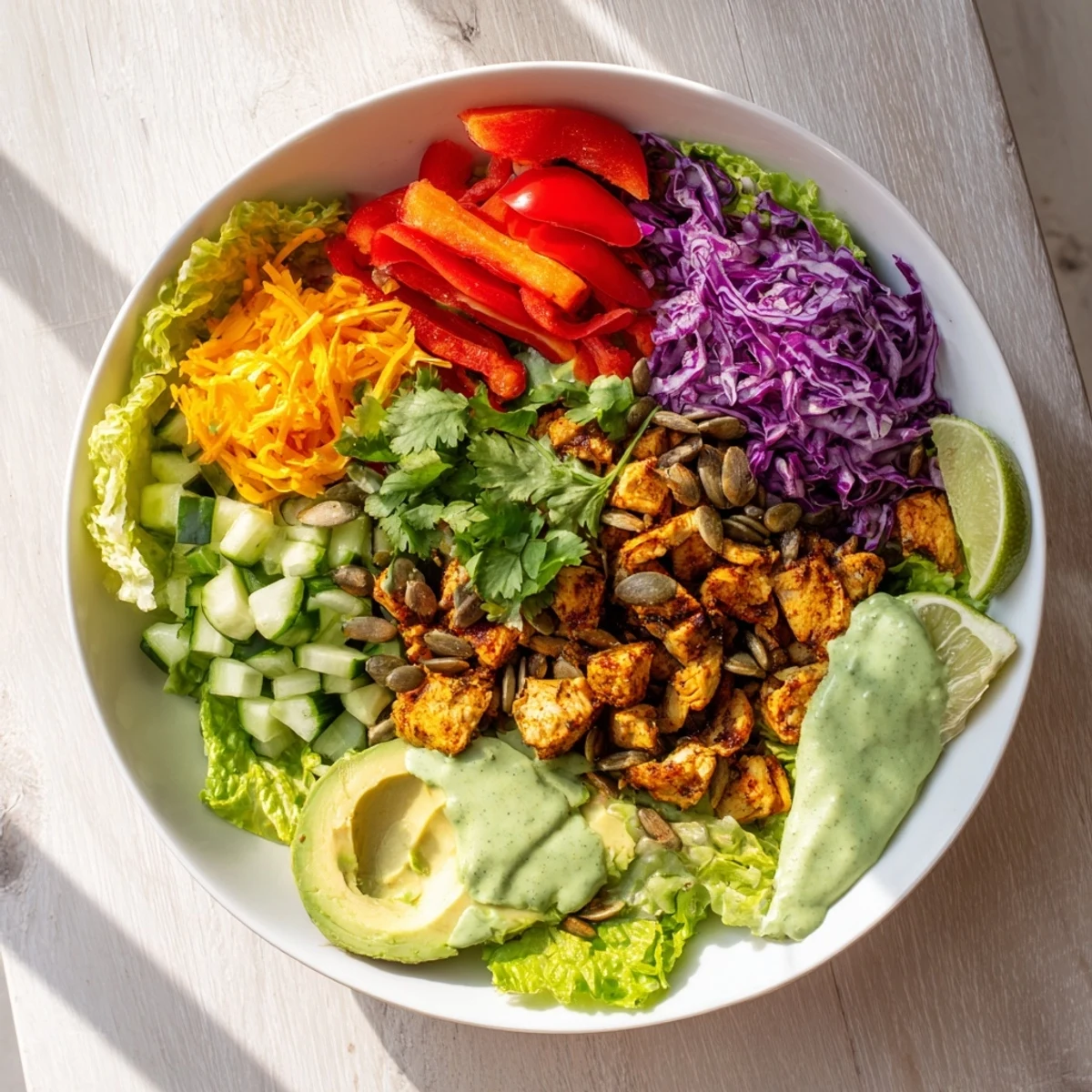 Keto bowls featuring crisp romaine, diced cucumber, and creamy avocado dressing drizzled generously