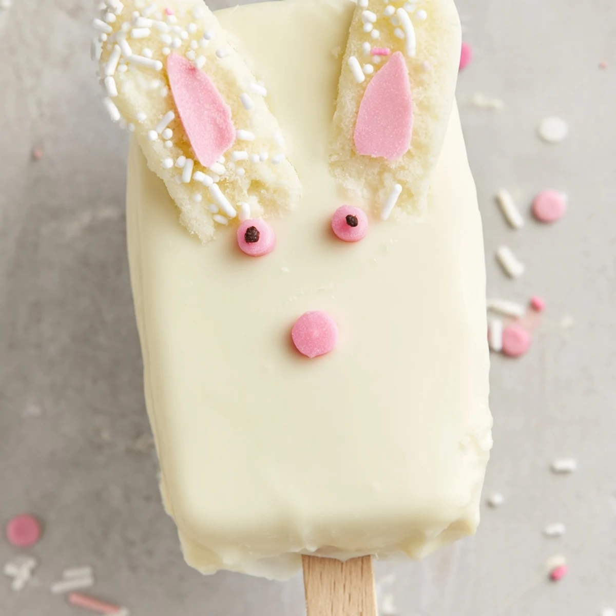 Adorable white chocolate bunny cakesicles with candy eyes and pink ears on sticks