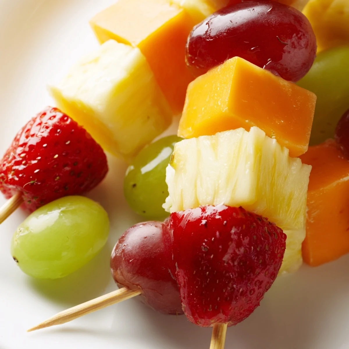 Colorful fruit and cheese kabobs featuring alternating grapes, berries, and creamy Monterey Jack skewers