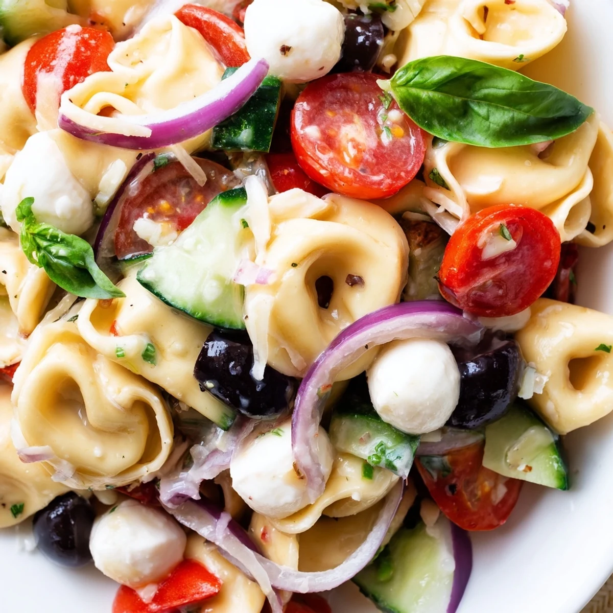 Colorful tortellini salad with cherry tomatoes, cucumber, and zesty Italian dressing in a white serving bowl