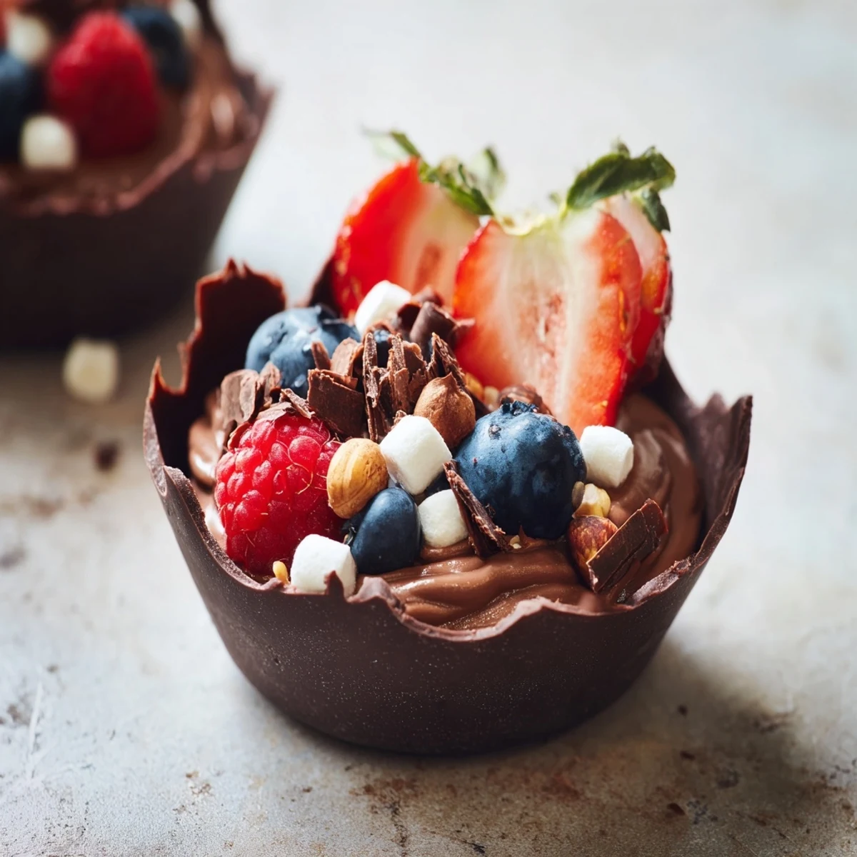 Decadent chocolate grazing cups filled with silky mousse and topped with fresh berries