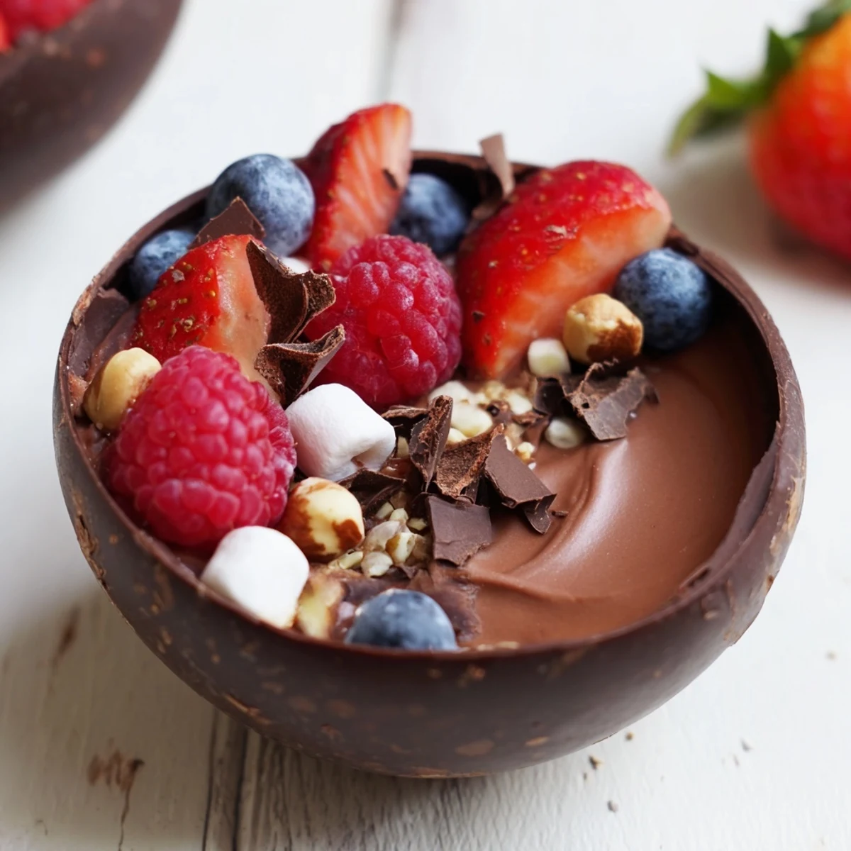 Rich chocolate cups overflow with creamy mousse, juicy berries, and crunchy nut garnishes