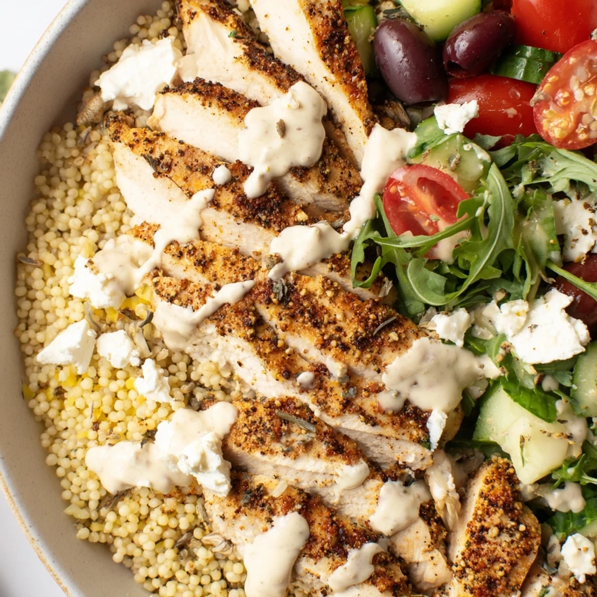 Golden Mediterranean chicken couscous bowl topped with fresh vegetables and creamy tahini drizzle