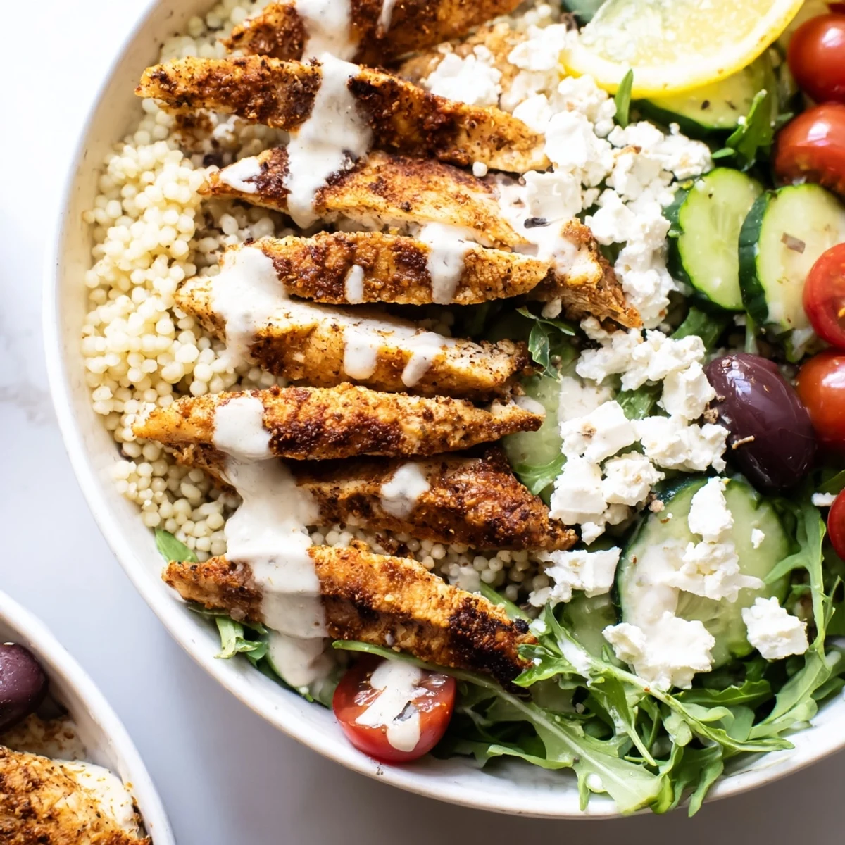 Fluffy couscous paired with seasoned Mediterranean chicken, cherry tomatoes, olives, and bright herbs