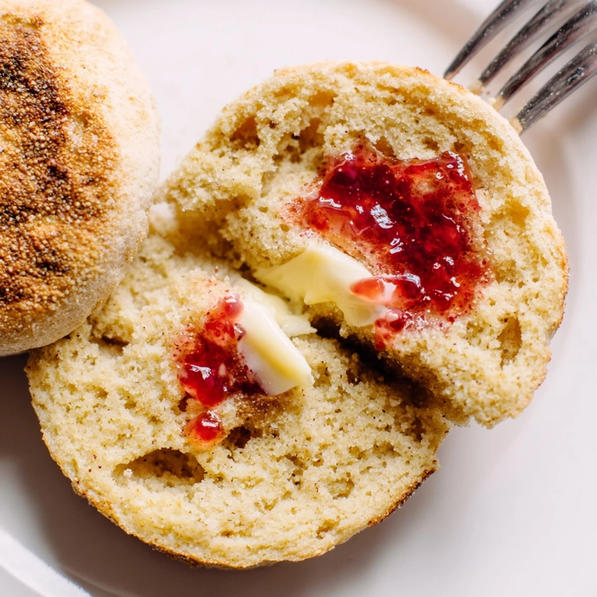 Golden brown homemade English muffins freshly griddled with cornmeal dusting on rustic surface