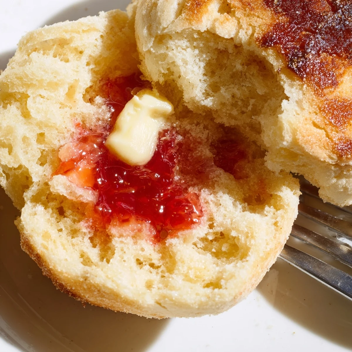 Split homemade English muffins revealing airy nooks and crannies ready for butter