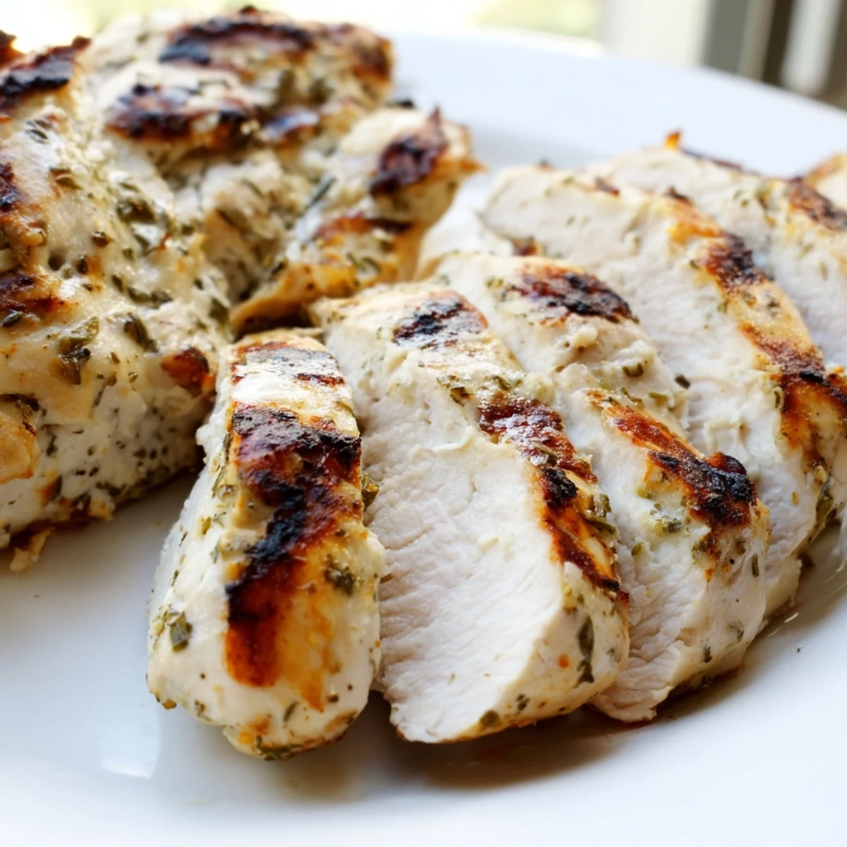 Golden Greek yogurt marinated chicken with charred grill marks on a white platter