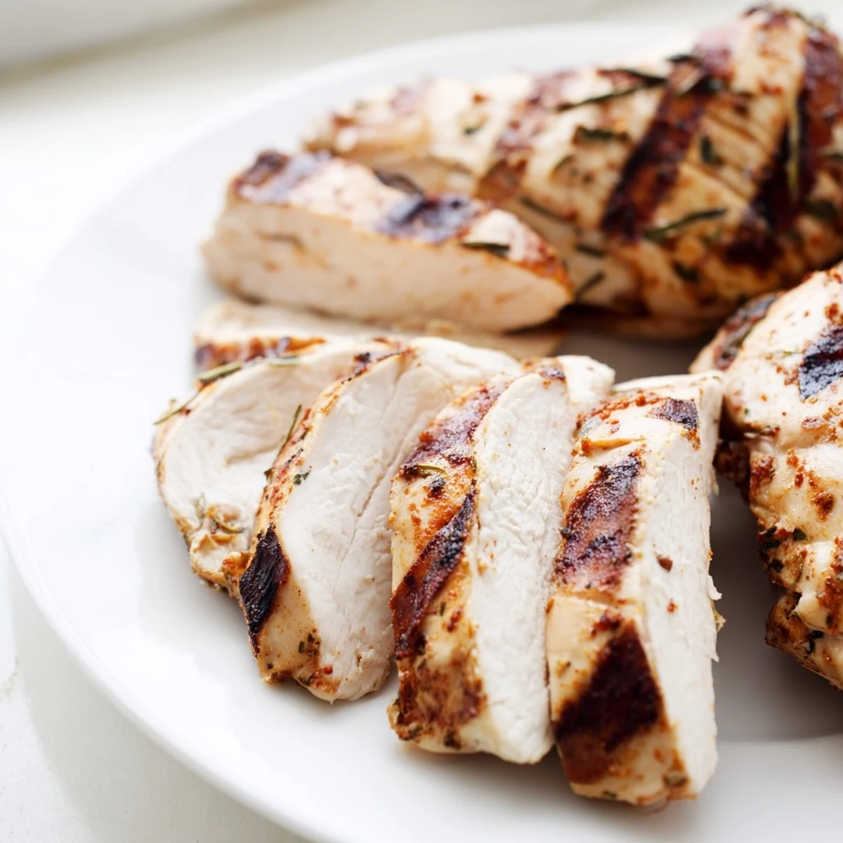 Juicy Greek yogurt marinated chicken sliced open showing tender herb-flecked meat inside
