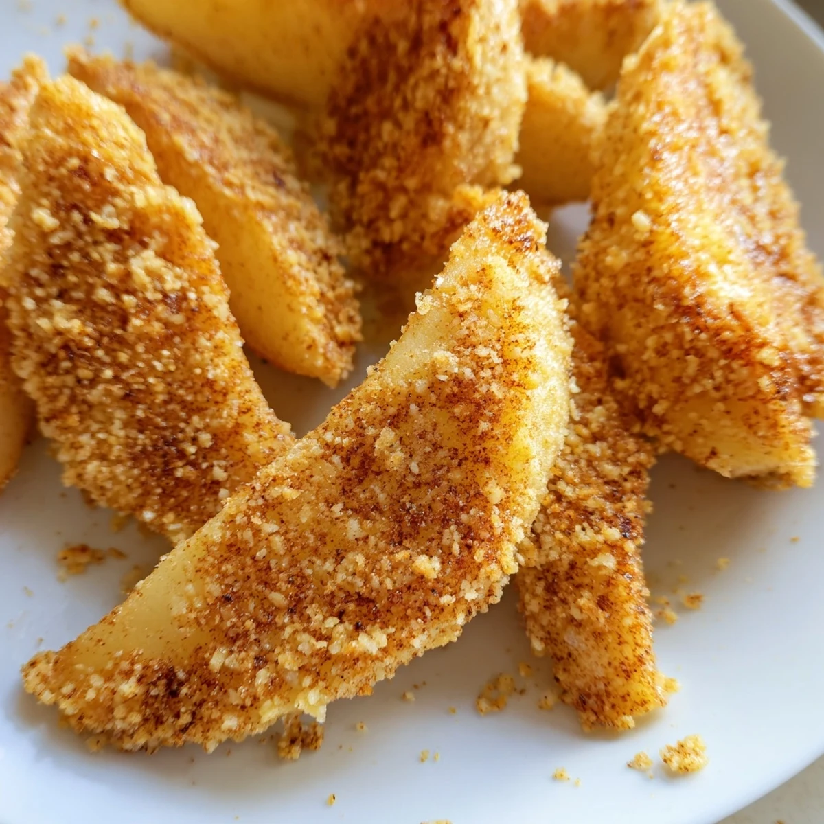 Golden crispy air fryer apple slices dusted with warm cinnamon sugar on a white plate