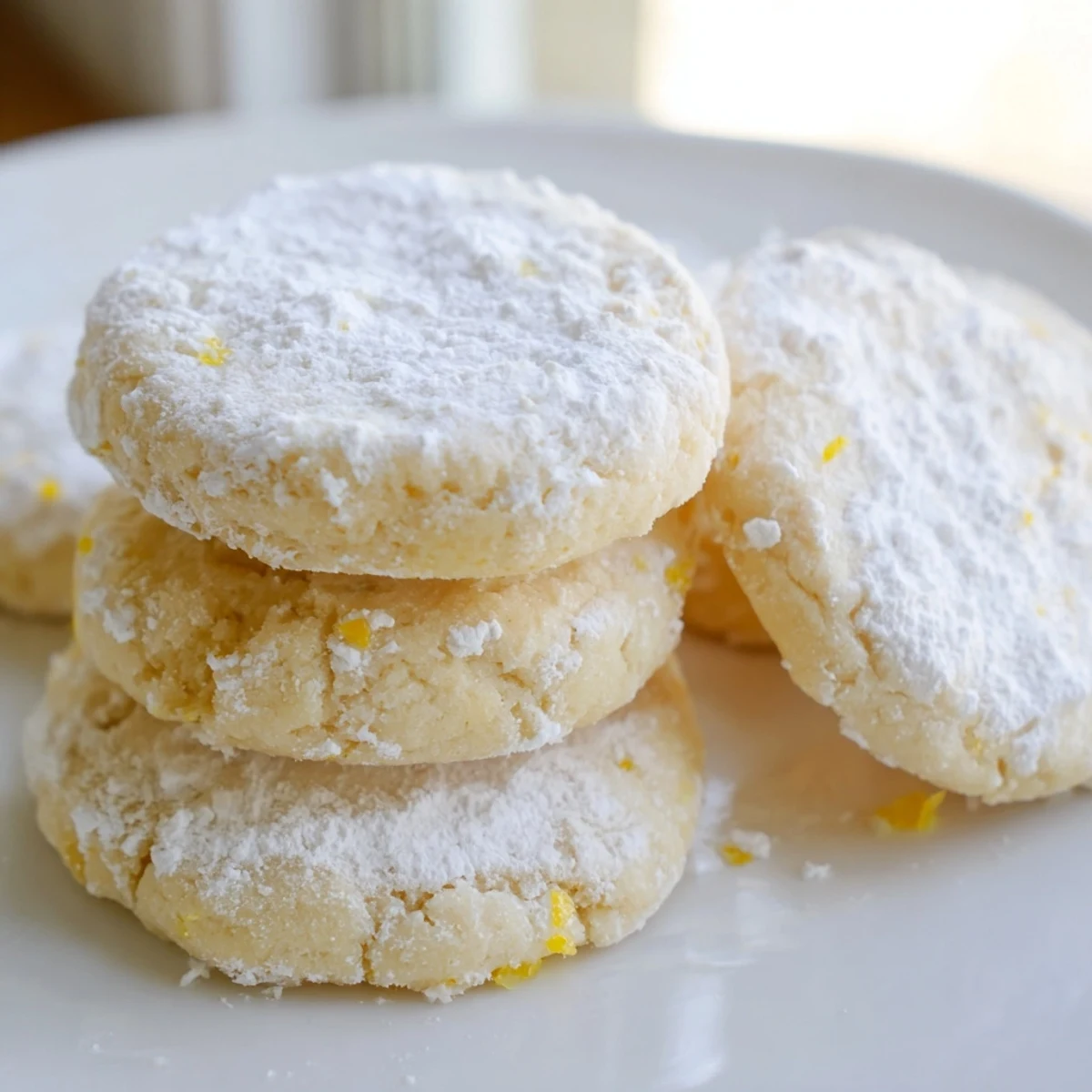 Powdered sugar dusted lemon meltaways arranged on a rustic wooden serving board