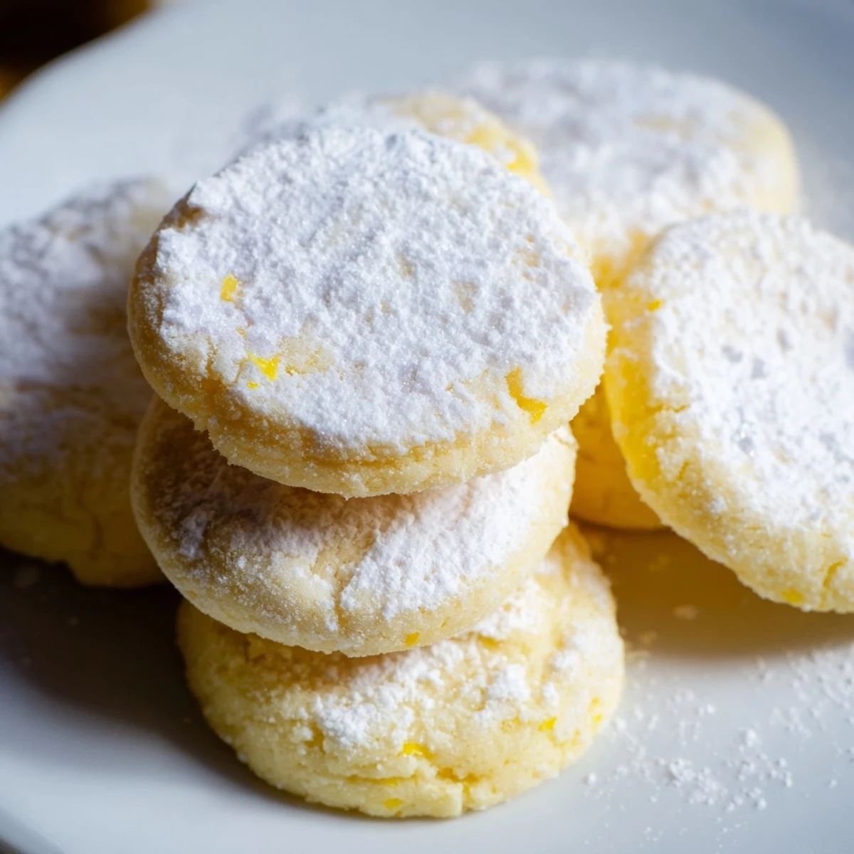 Golden lemon meltaways cookies with snowy powdered sugar coating beside steaming tea