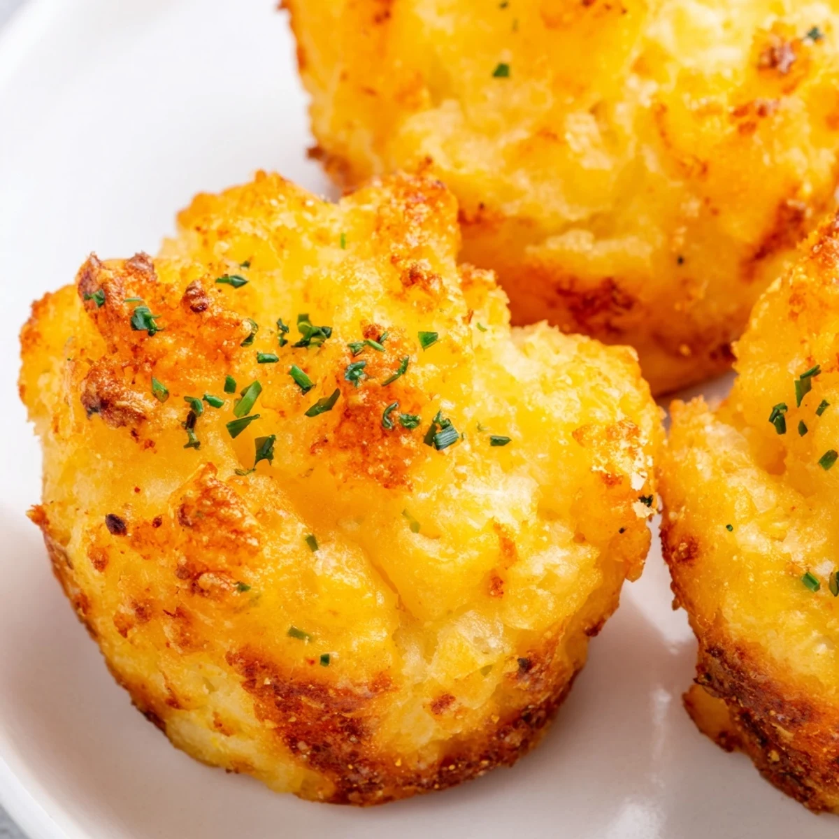 Golden Mashed Potato Cheese Puffs arranged on a baking sheet with herbs sprinkled on top