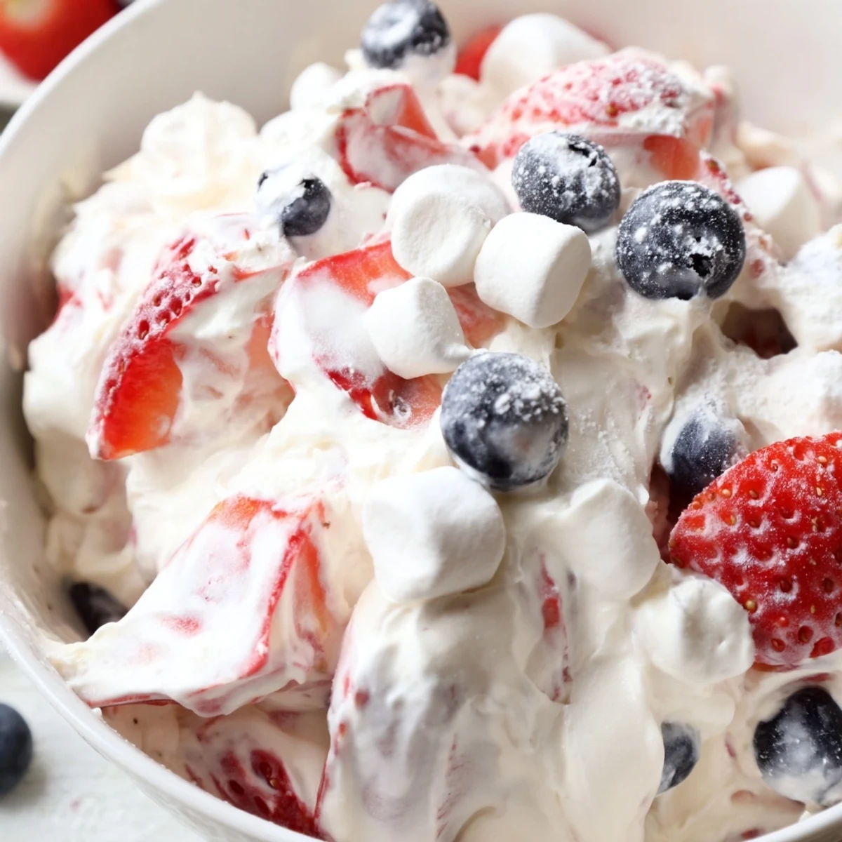 Creamy red white blue cheesecake salad loaded with fresh berries and mini marshmallows
