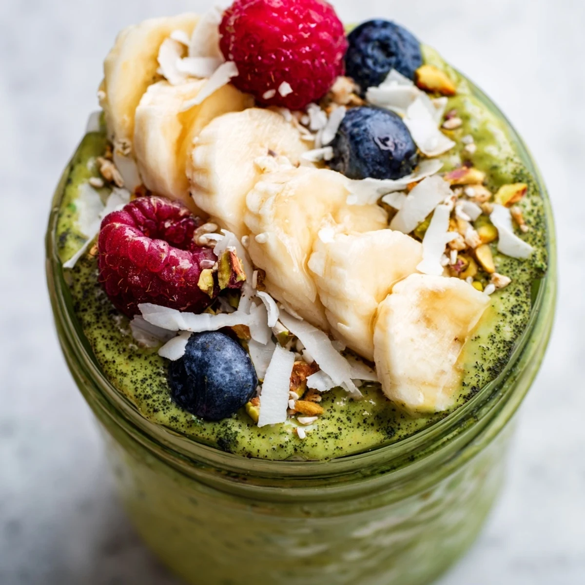 A jar of vibrant green matcha overnight oats topped with sliced banana and berries