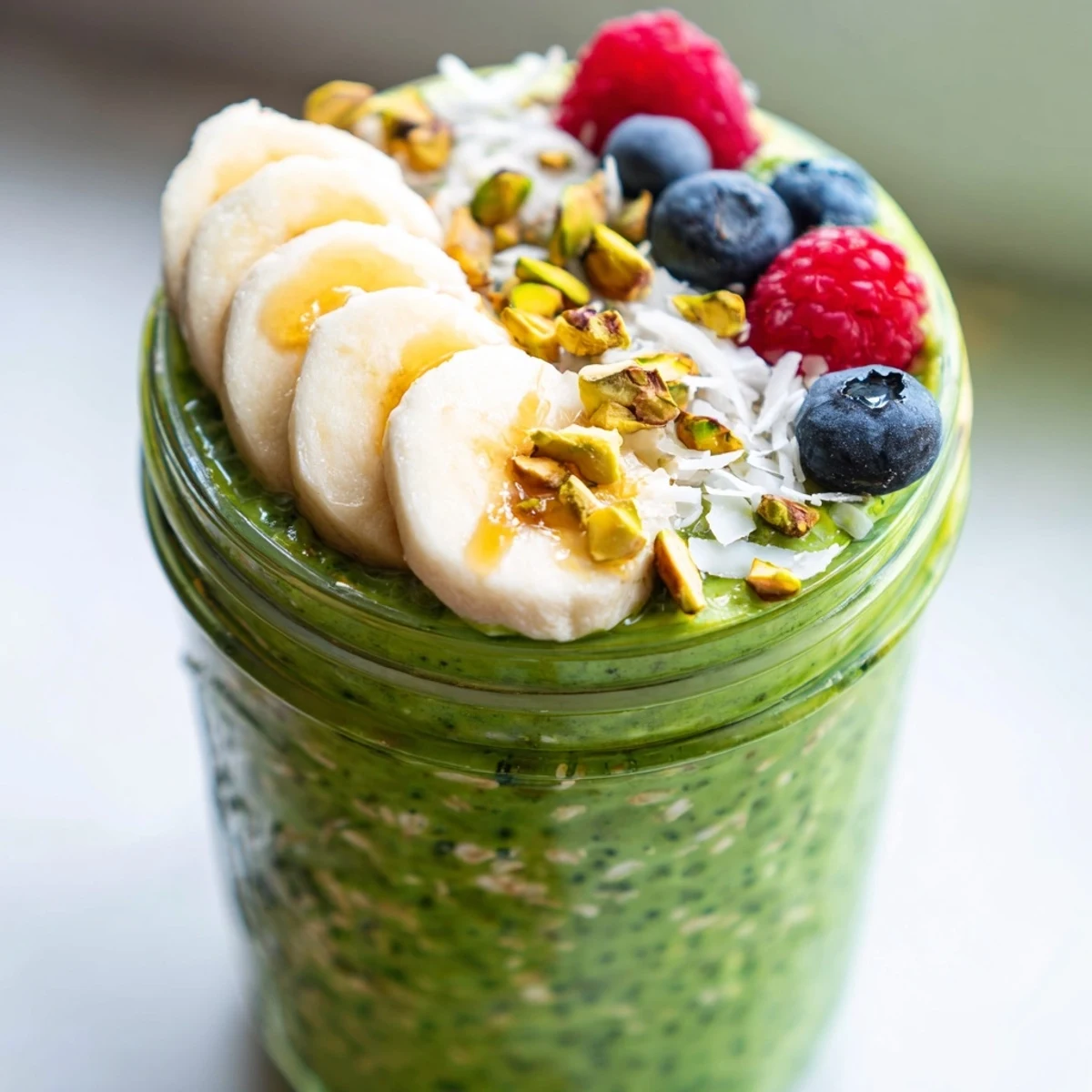 Creamy matcha overnight oats served in a glass jar with coconut flakes and pistachios