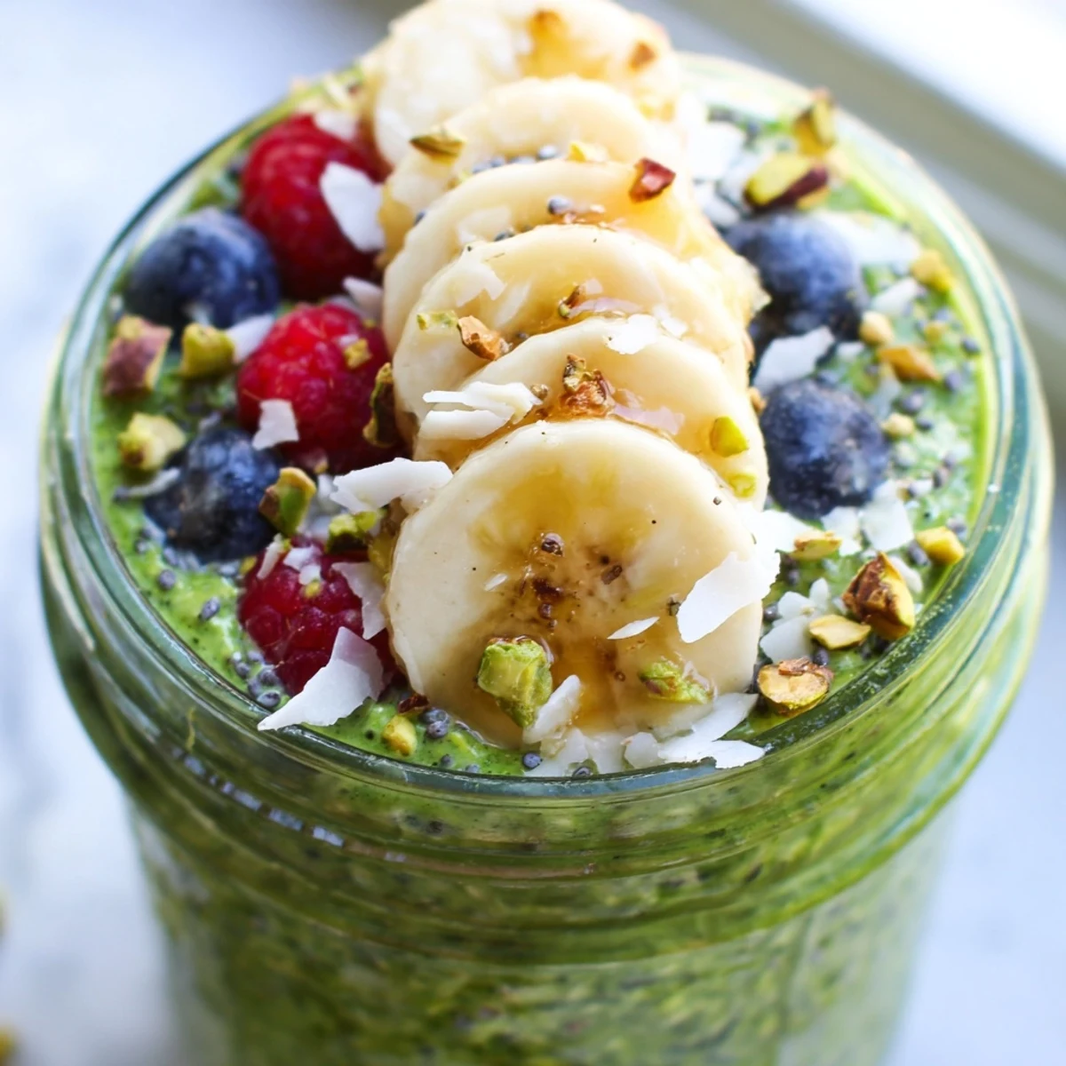 Bright green matcha overnight oats garnished with fresh fruit in a rustic breakfast bowl