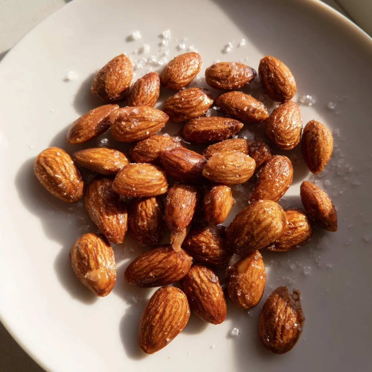 Golden roasted almonds scattered on parchment with flakes of sea salt glistening