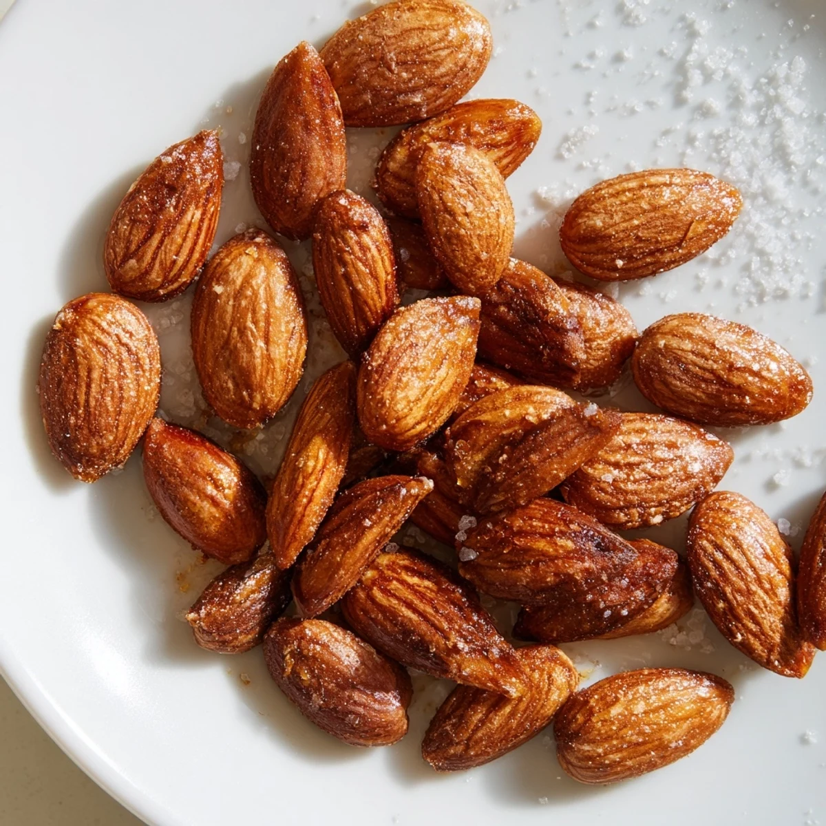 Crunchy roasted almonds cooling on a baking sheet lightly coated in olive oil