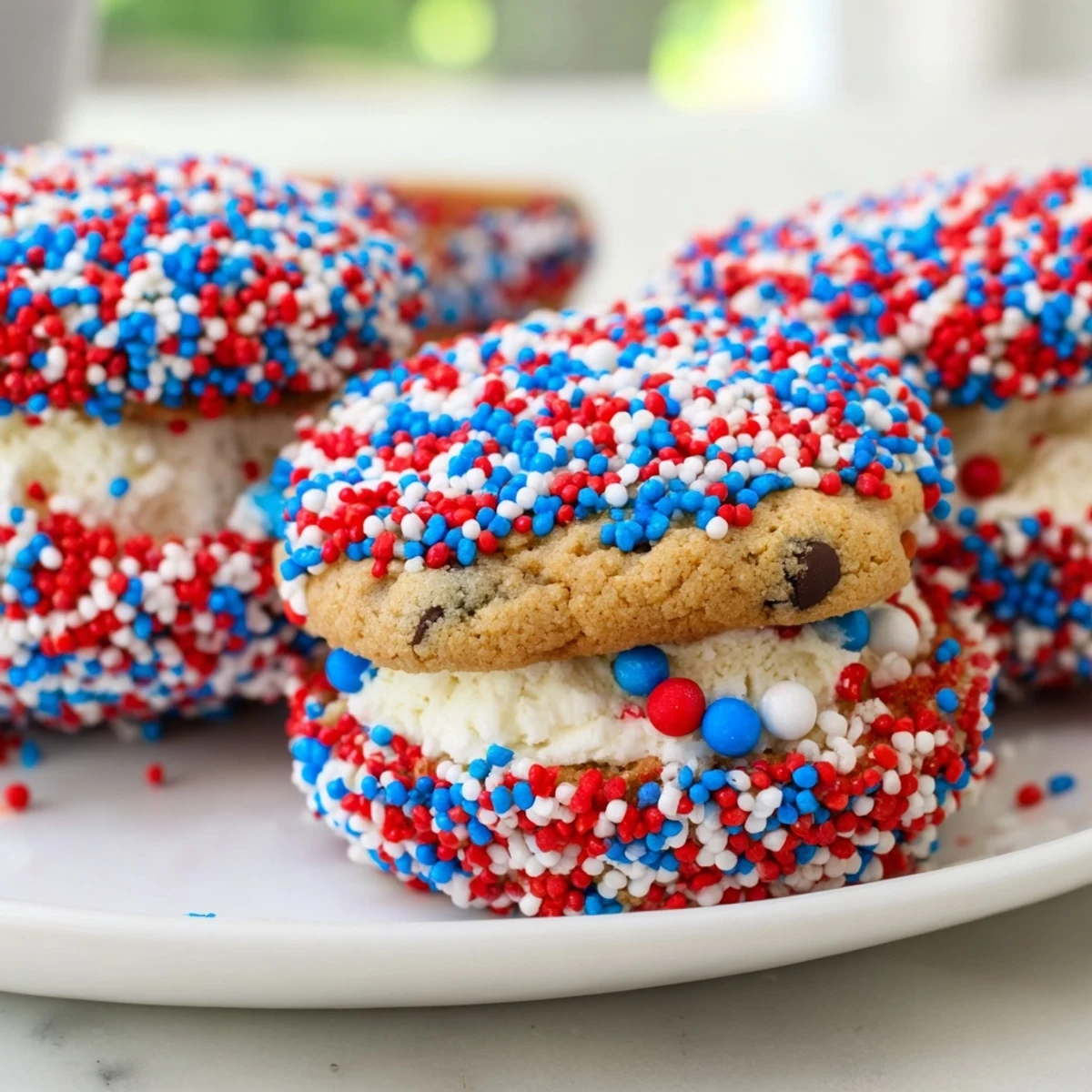 Festive Patriotic Mini Ice Cream Sandwiches coated in red white and blue sprinkles
