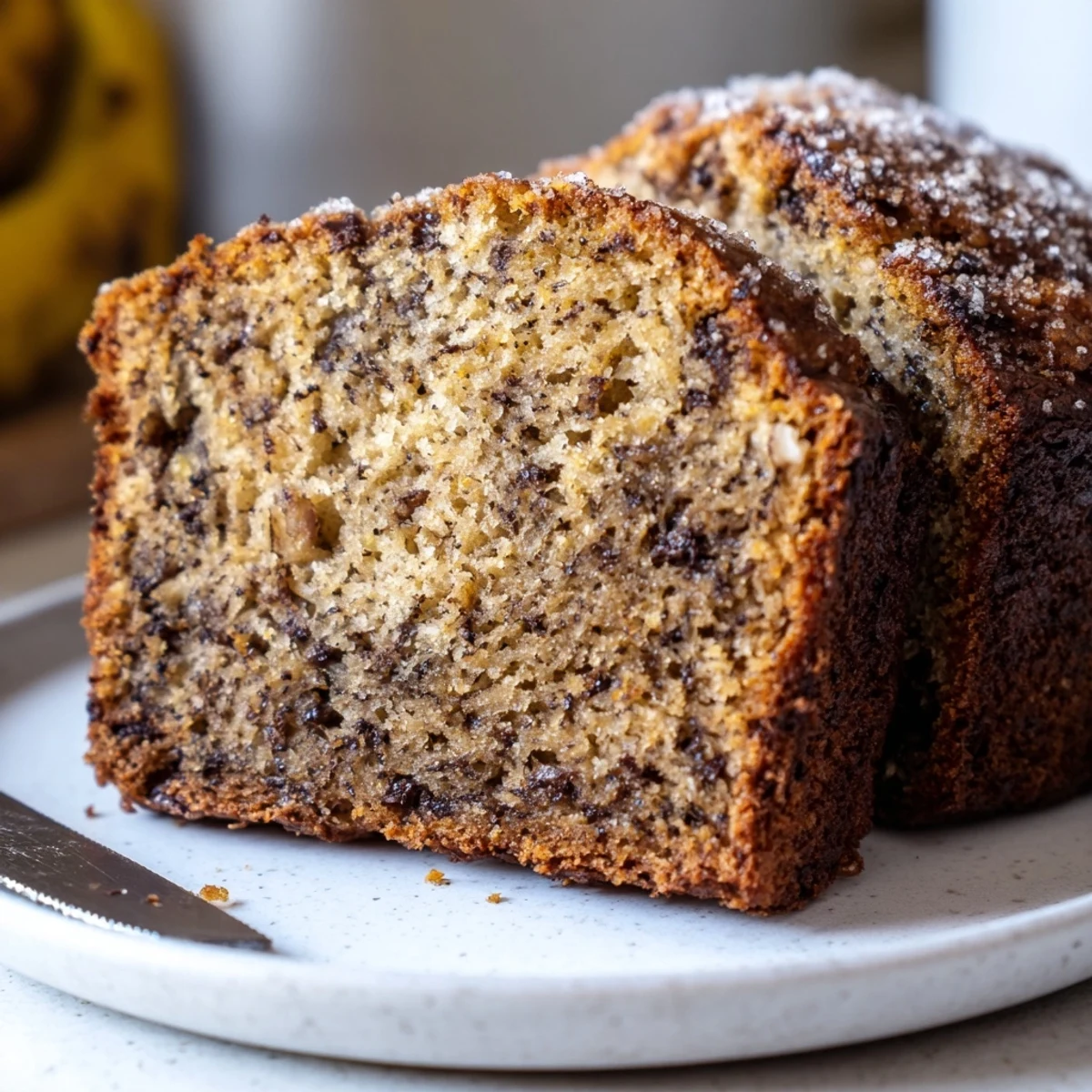 Golden crusted super moist banana bread sliced thick on a rustic wooden cutting board