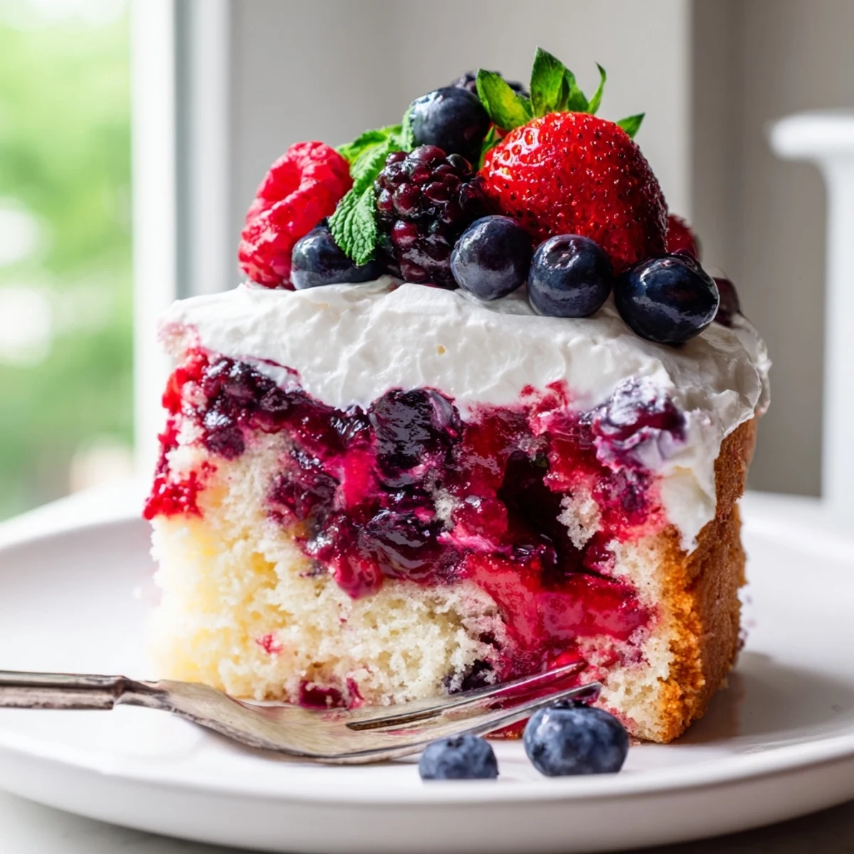 Moist summer berry poke cake topped with fluffy whipped cream and fresh berries