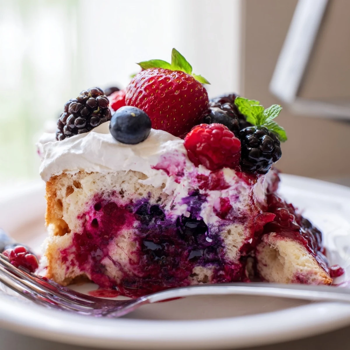 A slice of summer berry poke cake drizzled with vibrant jewel-toned berry sauce