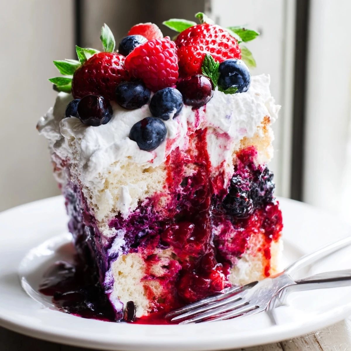 Summer berry poke cake garnished with strawberries blueberries and mint for a picnic dessert