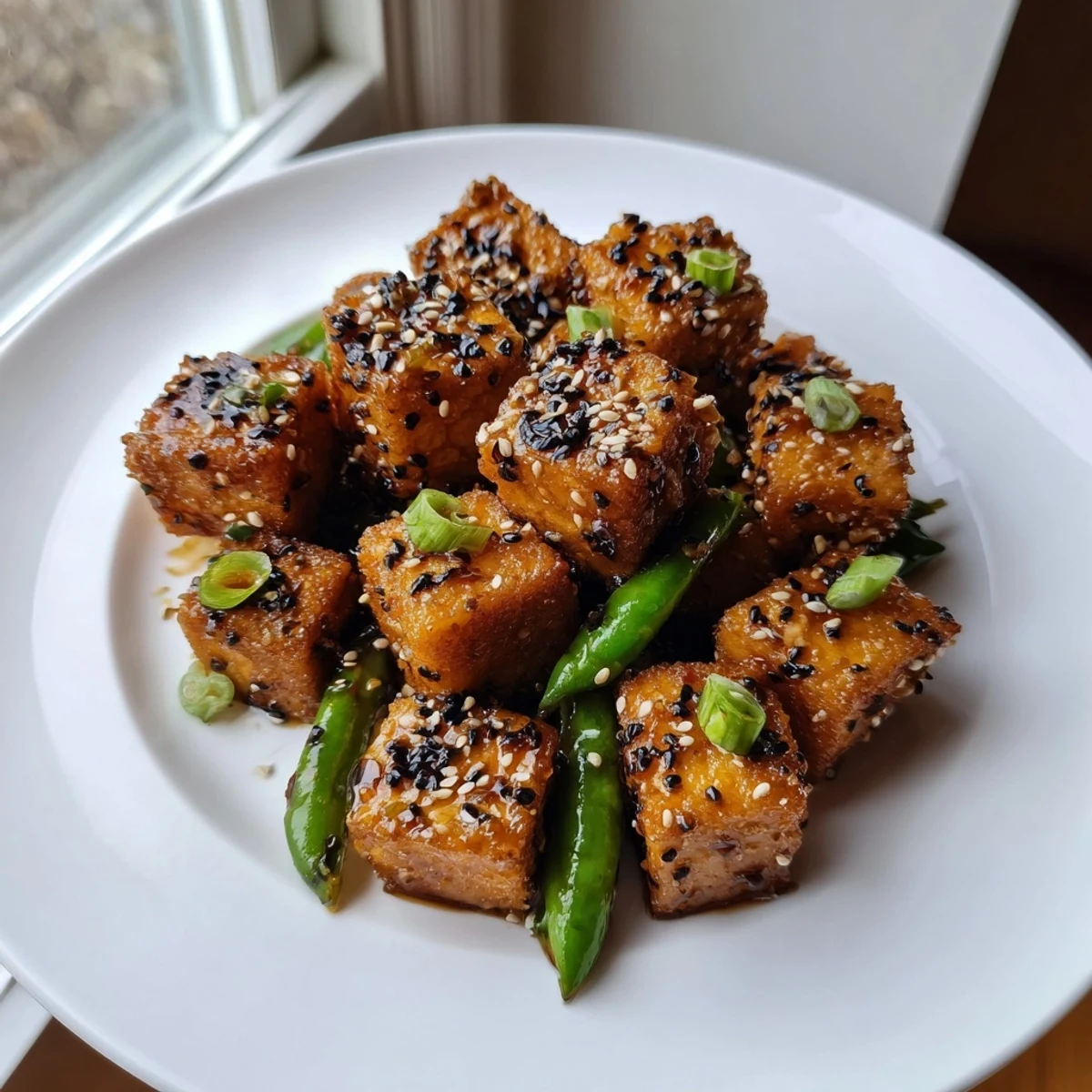 Golden crispy black pepper tofu and green beans served over steamed white rice