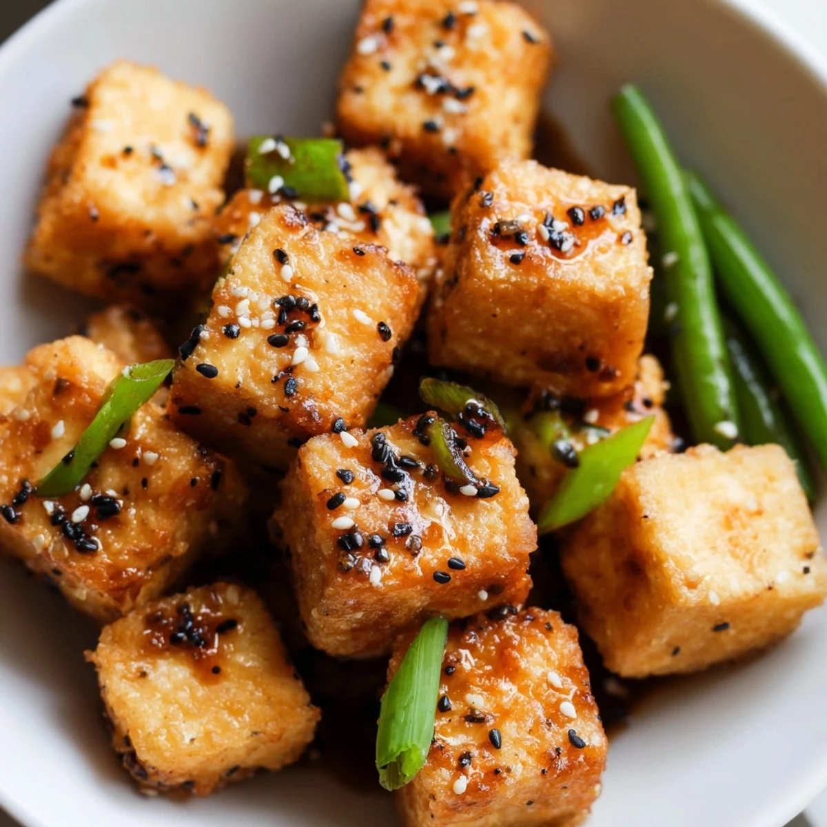 Crispy black pepper tofu green beans dinner garnished with sliced scallions in a skillet