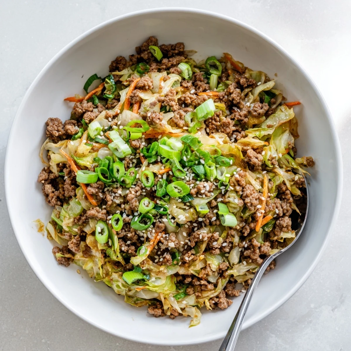 Keto egg roll in a bowl with savory ground pork and tender cabbage
