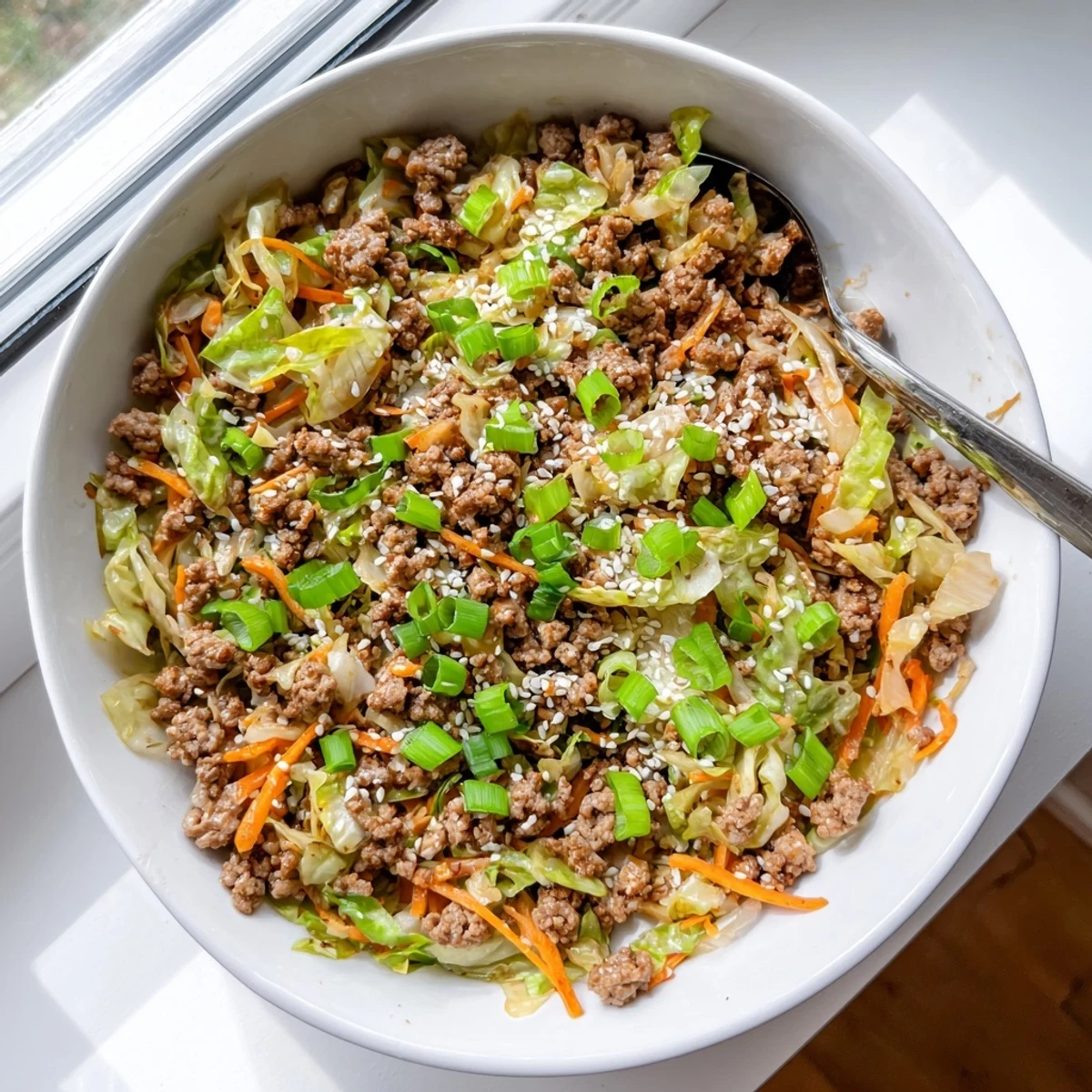 Garnished keto egg roll in a bowl served hot with sesame seeds