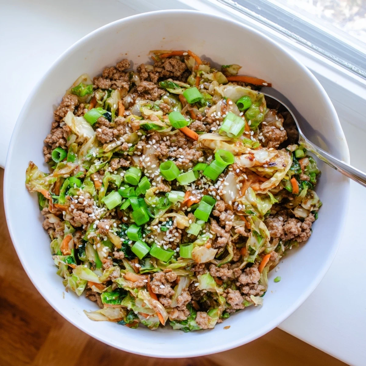 Sizzling keto egg roll in a bowl loaded with shredded carrots and pork