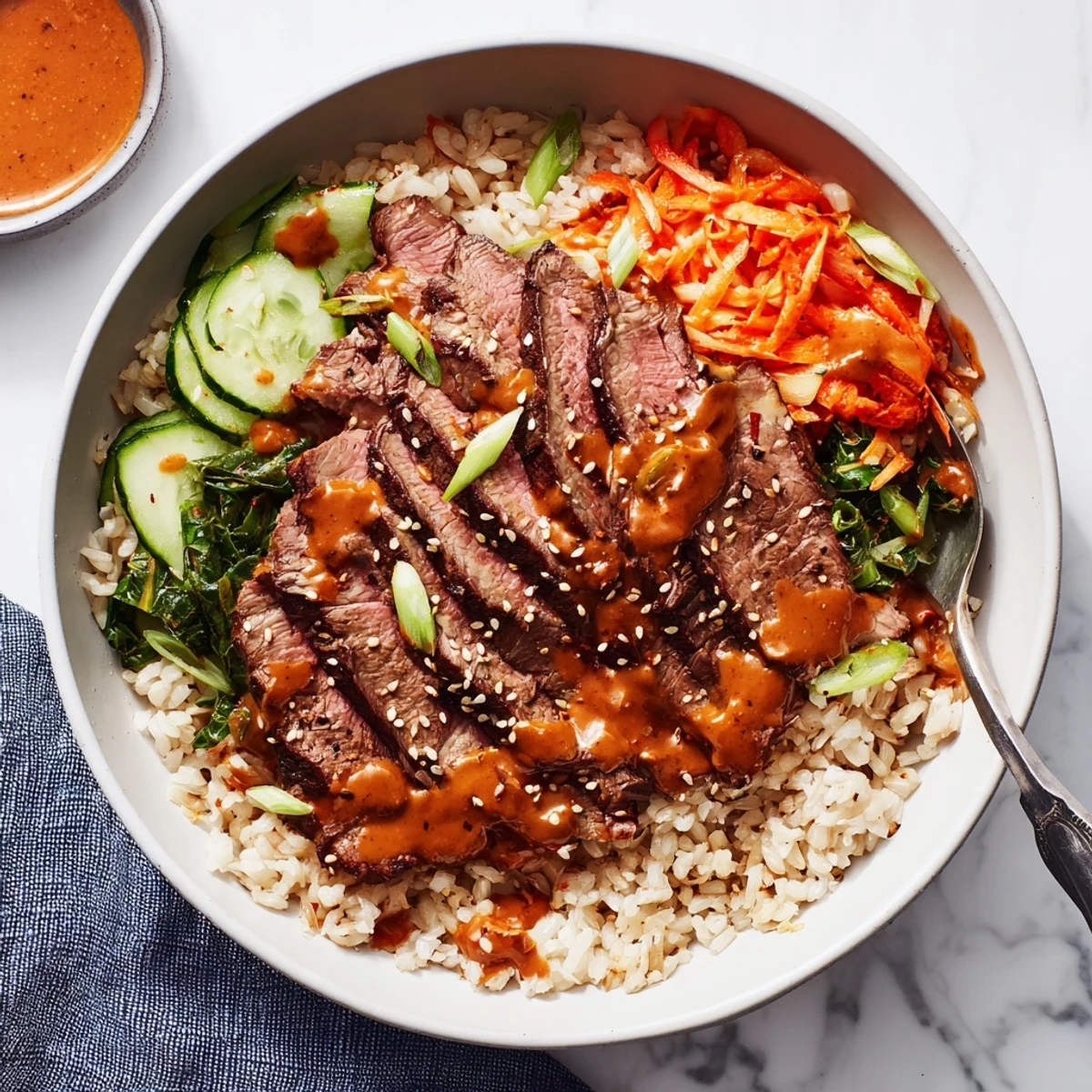 Caramelized beef slices layered with crisp veggies and kimchi in Korean BBQ steak rice bowls with spicy cream sauce