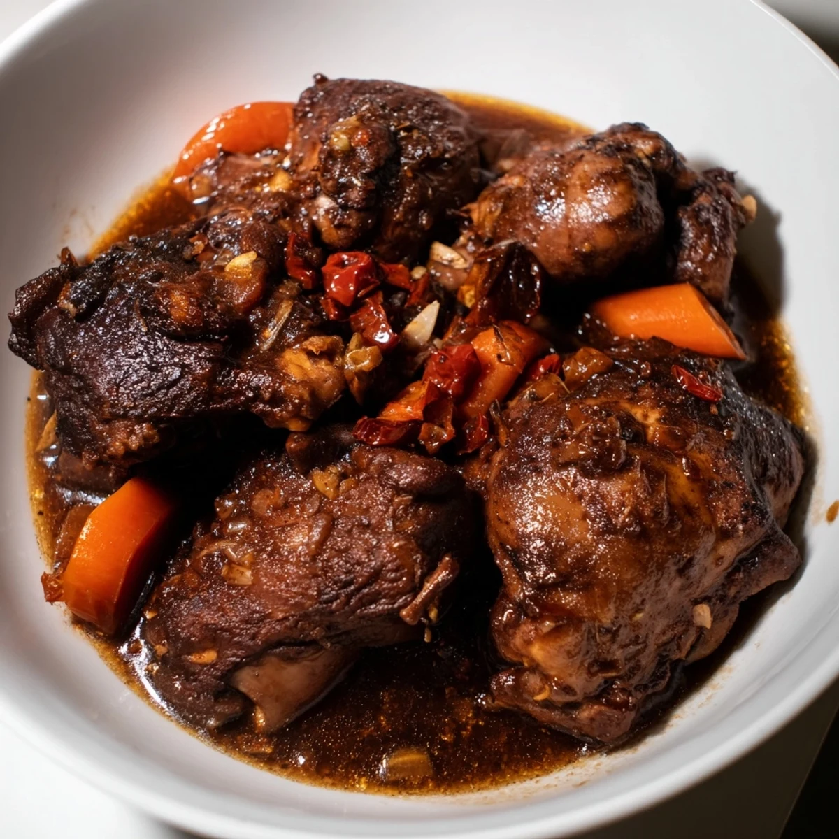 Tender brown stew chicken simmered in a rich, spiced Jamaican gravy with bell peppers