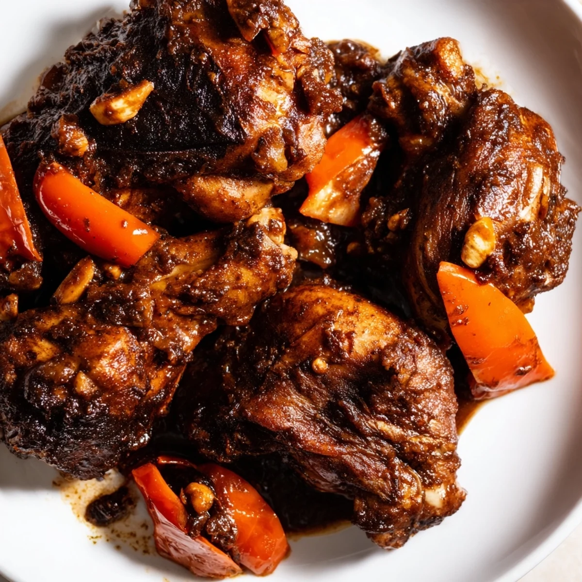 Golden-seared Jamaican brown stew chicken in a savory tomato-based stew with sliced carrots