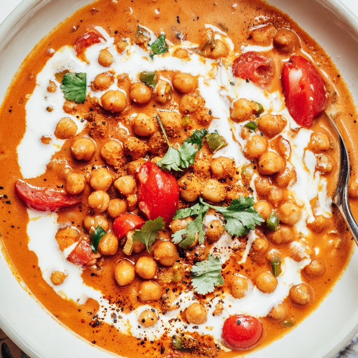 Greek Yogurt Chickpea Curry steaming in skillet, creamy tomato sauce, cilantro garnish