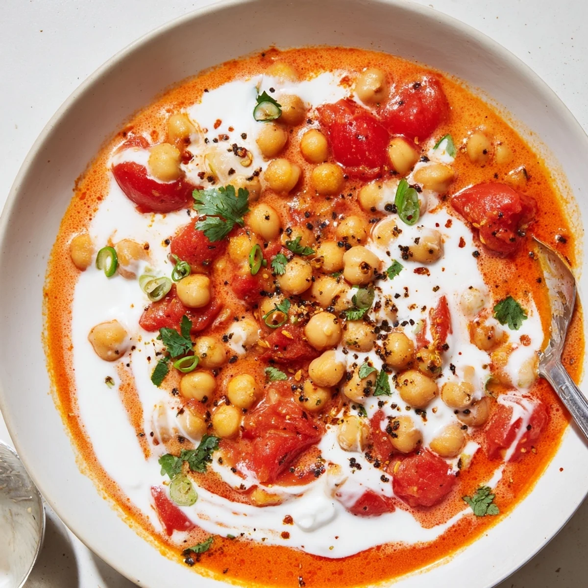 Bowl of Greek Yogurt Chickpea Curry over fluffy basmati rice, tangy aroma