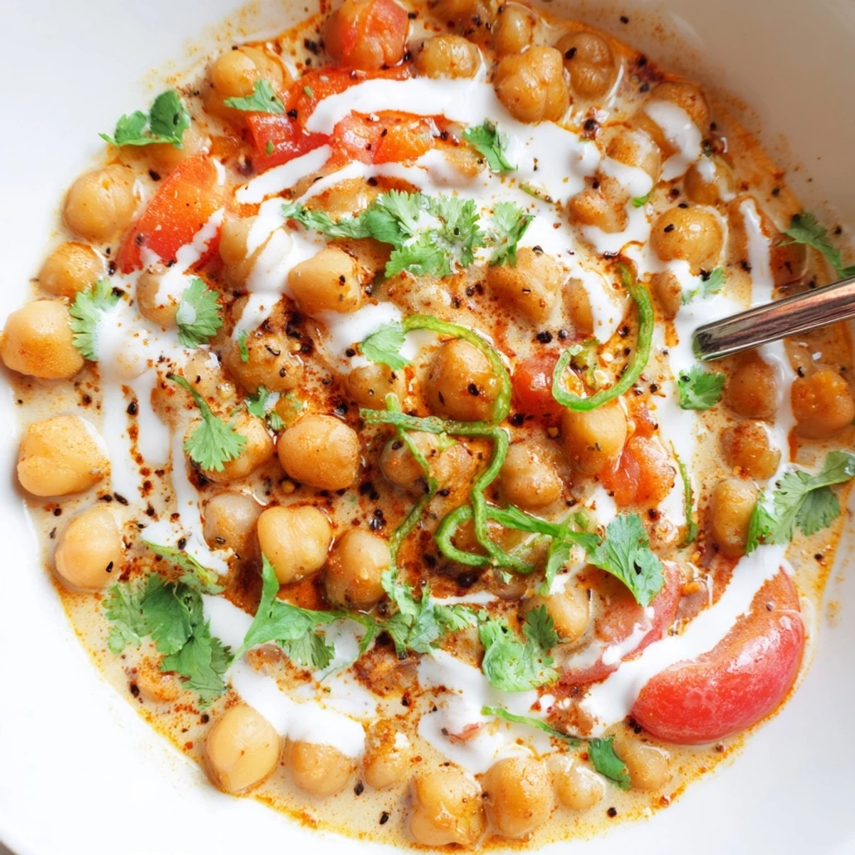 Hearty Greek Yogurt Chickpea Curry with warm naan, spiced, silky texture