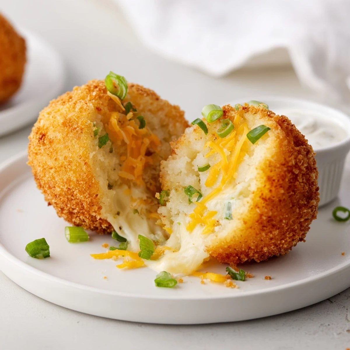 Fried Mashed Potato Balls with golden crispy crust and gooey cheddar inside