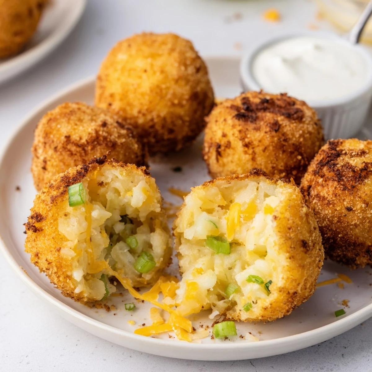 A plate of Fried Mashed Potato Balls showing golden edges and creamy centers