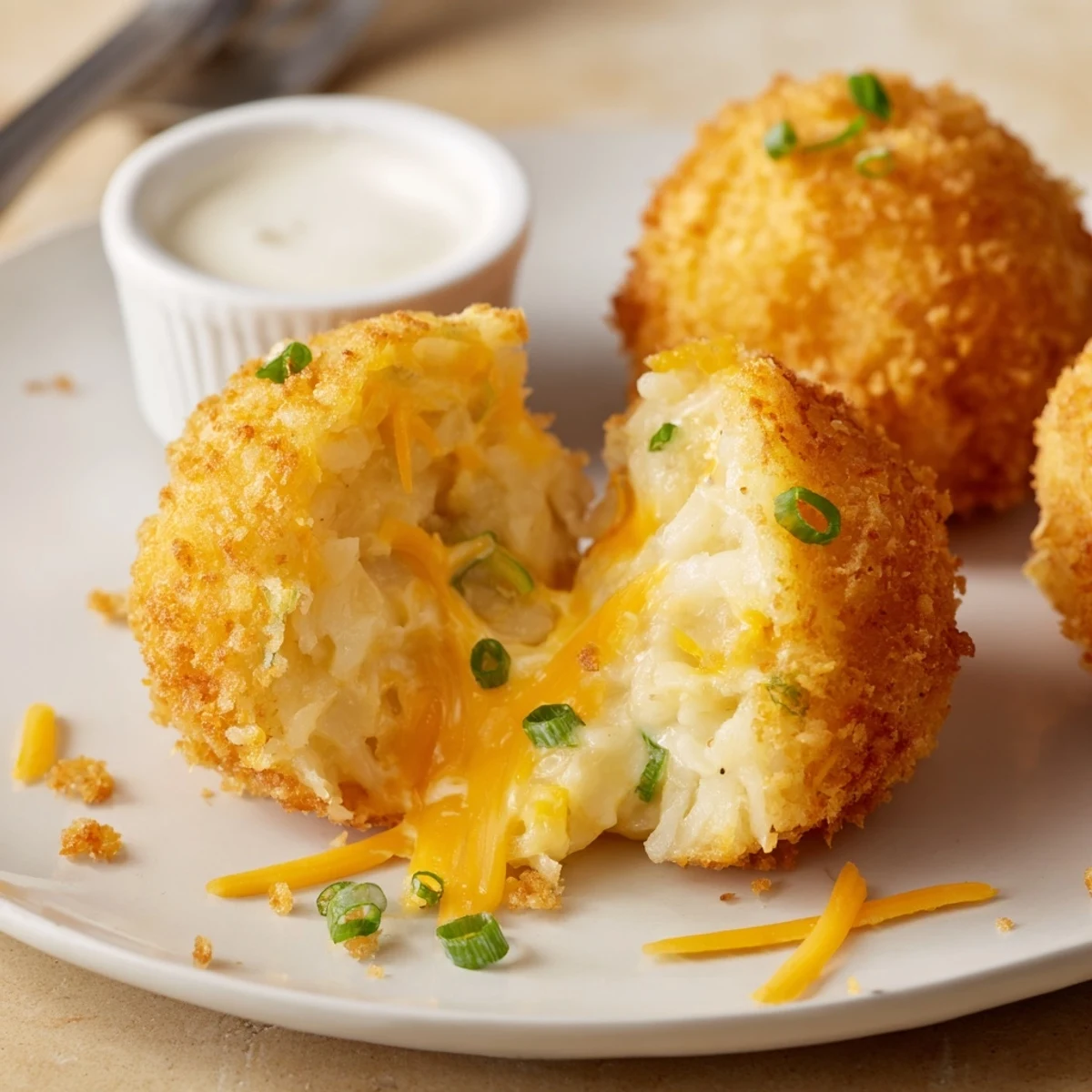 Hand holding Fried Mashed Potato Balls over dipping bowl of tangy ranch