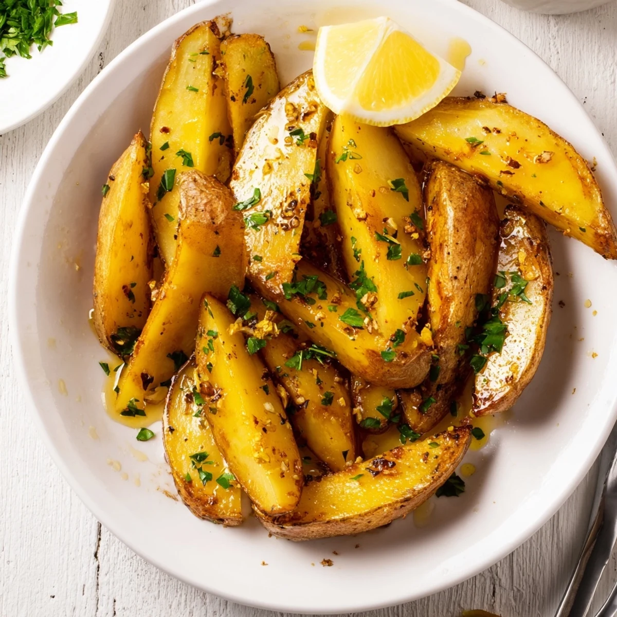 Family-style Authentic Greek Lemon Potatoes Recipe served hot with lemon wedges and parsley