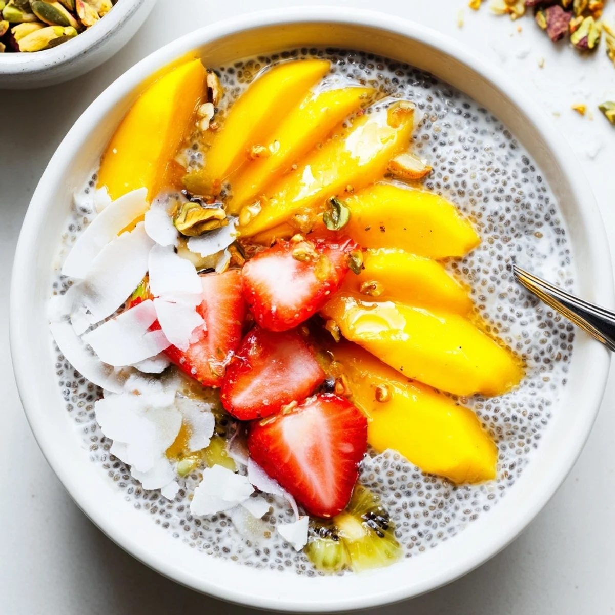 Creamy Coconut Chia Pudding topped with mango and toasted coconut flakes  