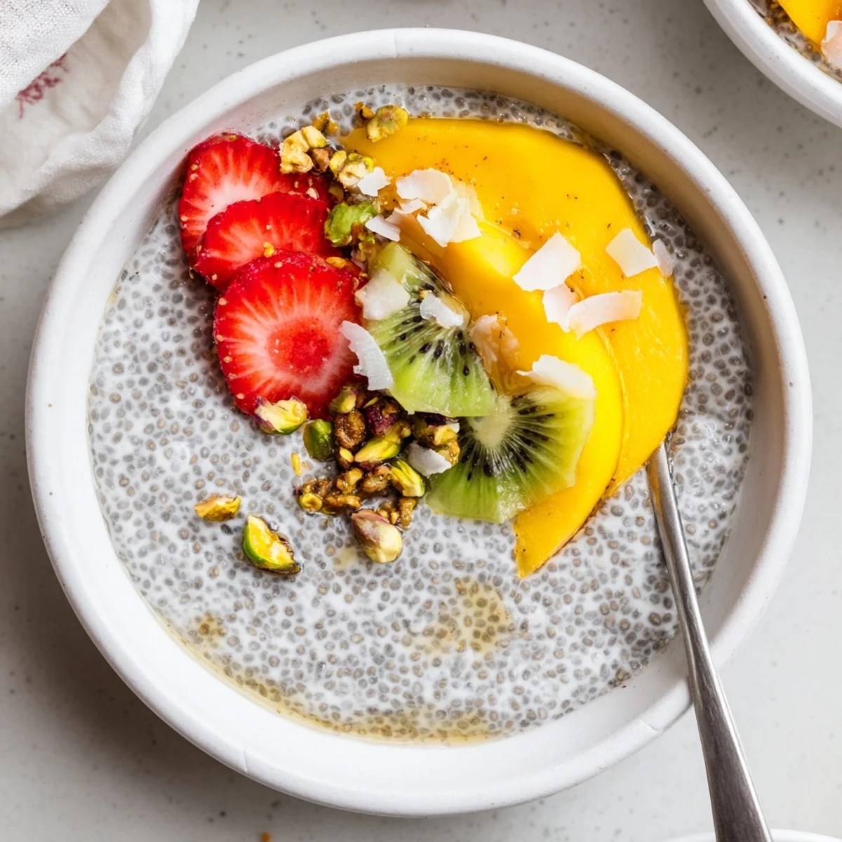 Silky Coconut Chia Pudding spoon revealing creamy texture, served for breakfast