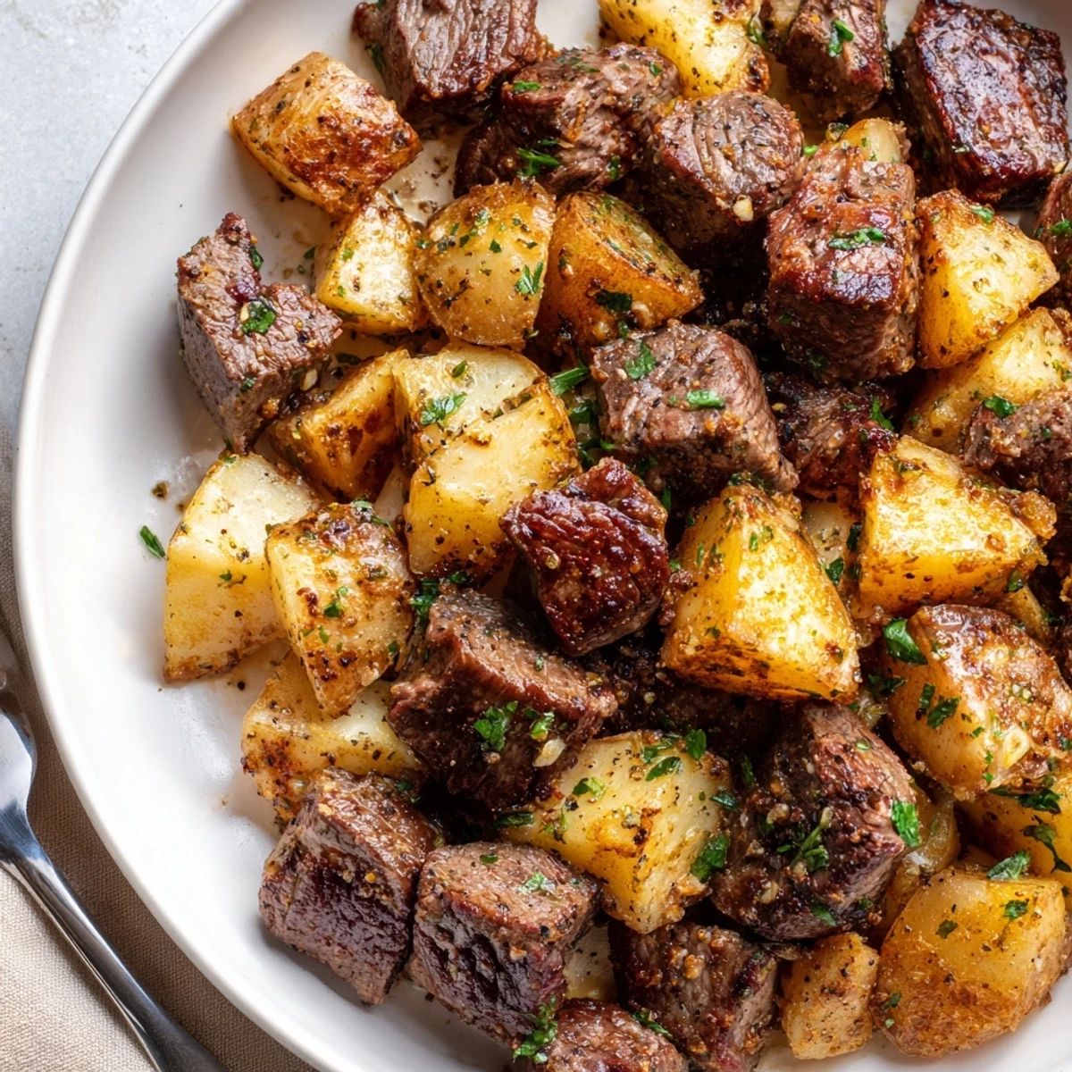 Skillet ready Garlic Steak Bites and Potatoes Recipe glistening in garlic butter.