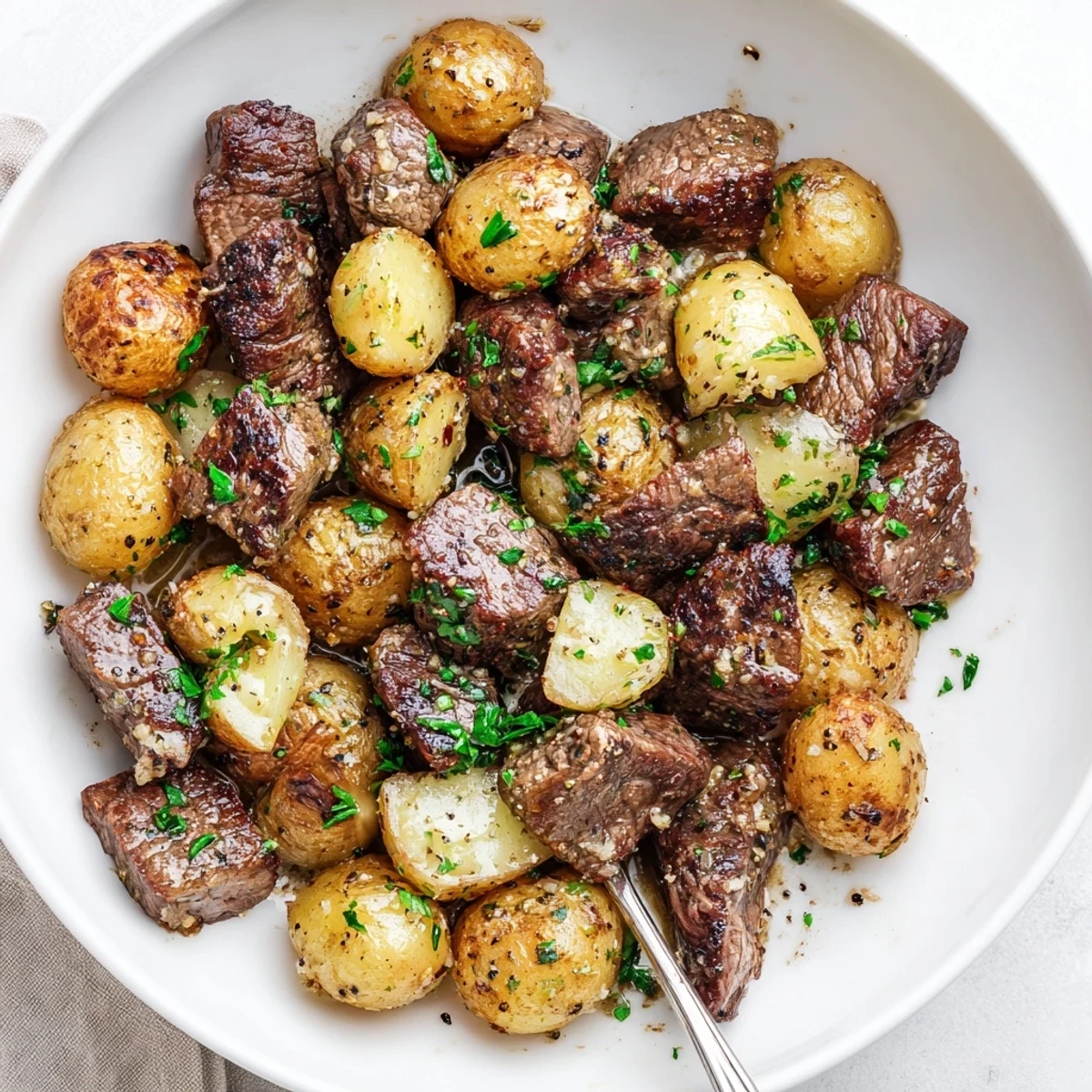 Garlic Steak Bites and Potatoes Recipe seared to brown crust, potatoes golden.